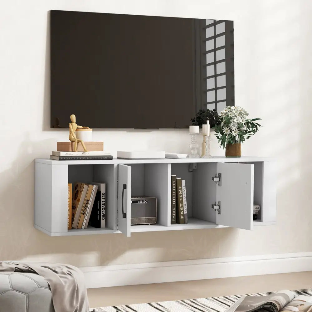 Wall Mounted Floating 2 Door Desk Hutch Storage Shelves-White - White - Entertainment Centers & TV Stands