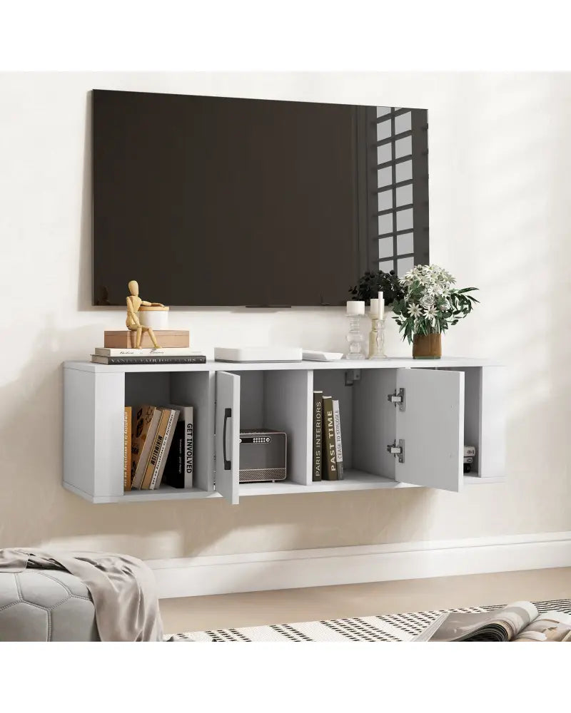 Wall Mounted Floating 2 Door Desk Hutch Storage Shelves-White - White - Entertainment Centers & TV Stands