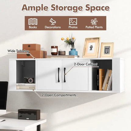 Wall Mounted Floating 2 Door Desk Hutch Storage Shelves-White - White - Entertainment Centers & TV Stands