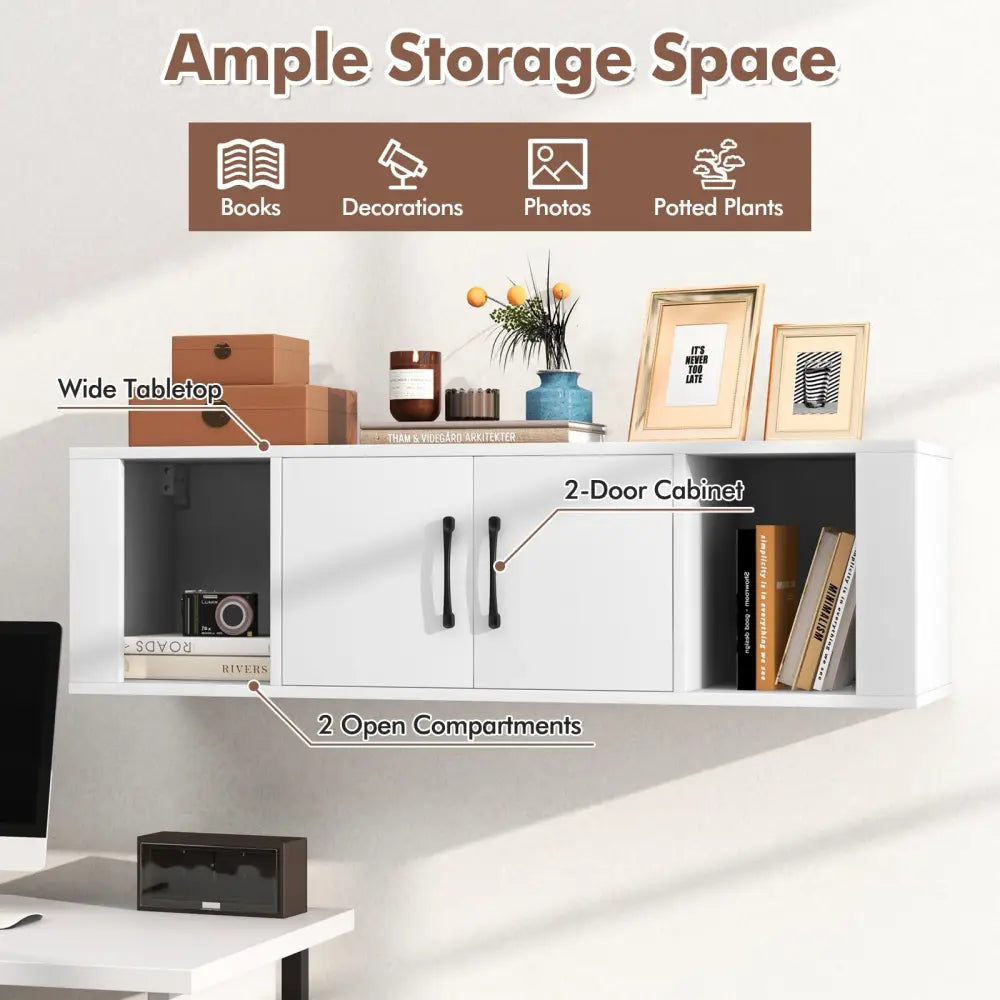 Wall Mounted Floating 2 Door Desk Hutch Storage Shelves-White - White - Entertainment Centers & TV Stands