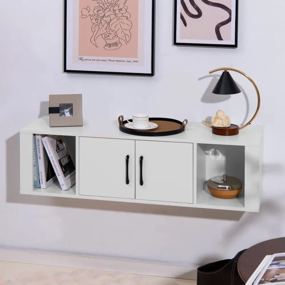 Wall Mounted Floating 2 Door Desk Hutch Storage Shelves-White - White - Entertainment Centers & TV Stands