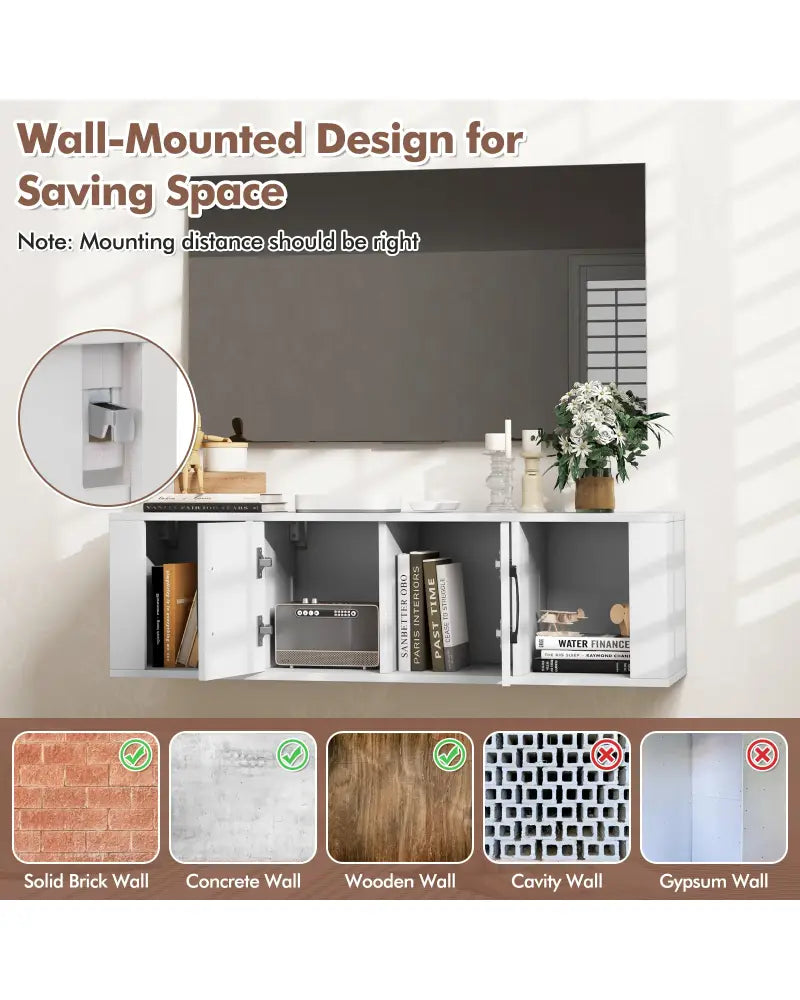 Wall Mounted Floating 2 Door Desk Hutch Storage Shelves-White - White - Entertainment Centers & TV Stands