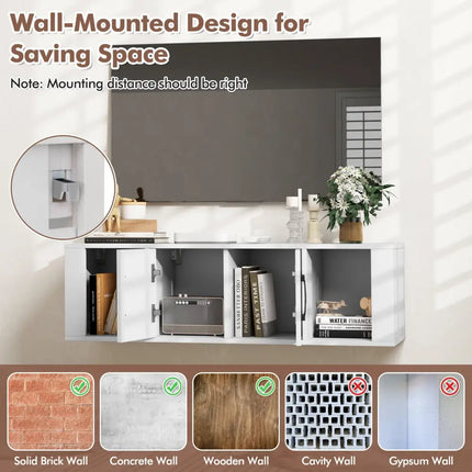 Wall Mounted Floating 2 Door Desk Hutch Storage Shelves-White - White - Entertainment Centers & TV Stands