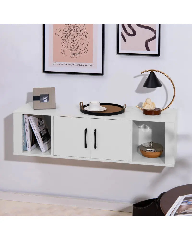 Wall Mounted Floating 2 Door Desk Hutch Storage Shelves-White - White - Entertainment Centers & TV Stands