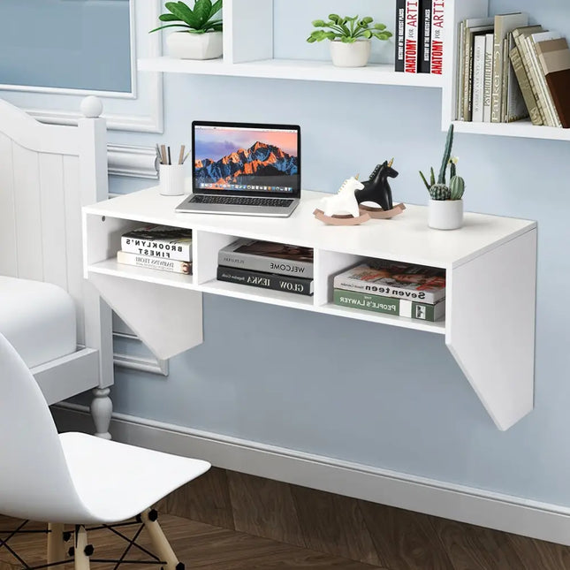 Wall Mounted Floating Computer Table Desk Storage Shelf-White - White - Laptop Tables & Printer Stands