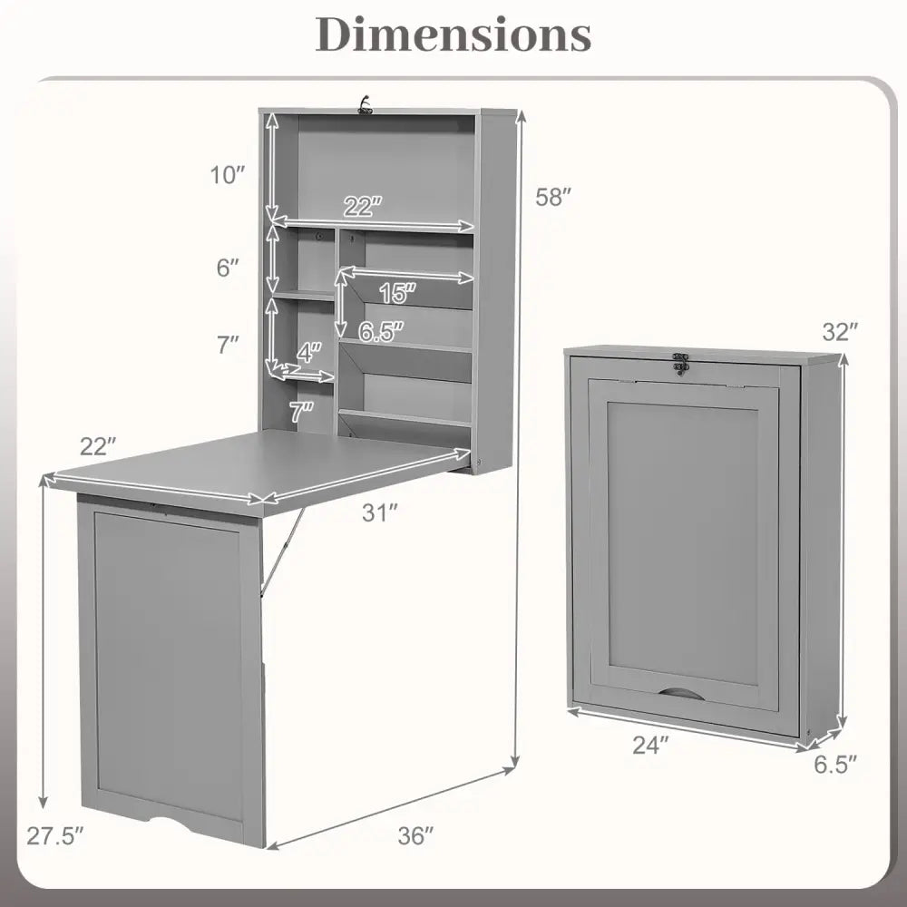 Wall-Mounted Fold-Out Convertible Floating Desk Space Saver-Gray - Gray - Laptop Tables & Printer Stands