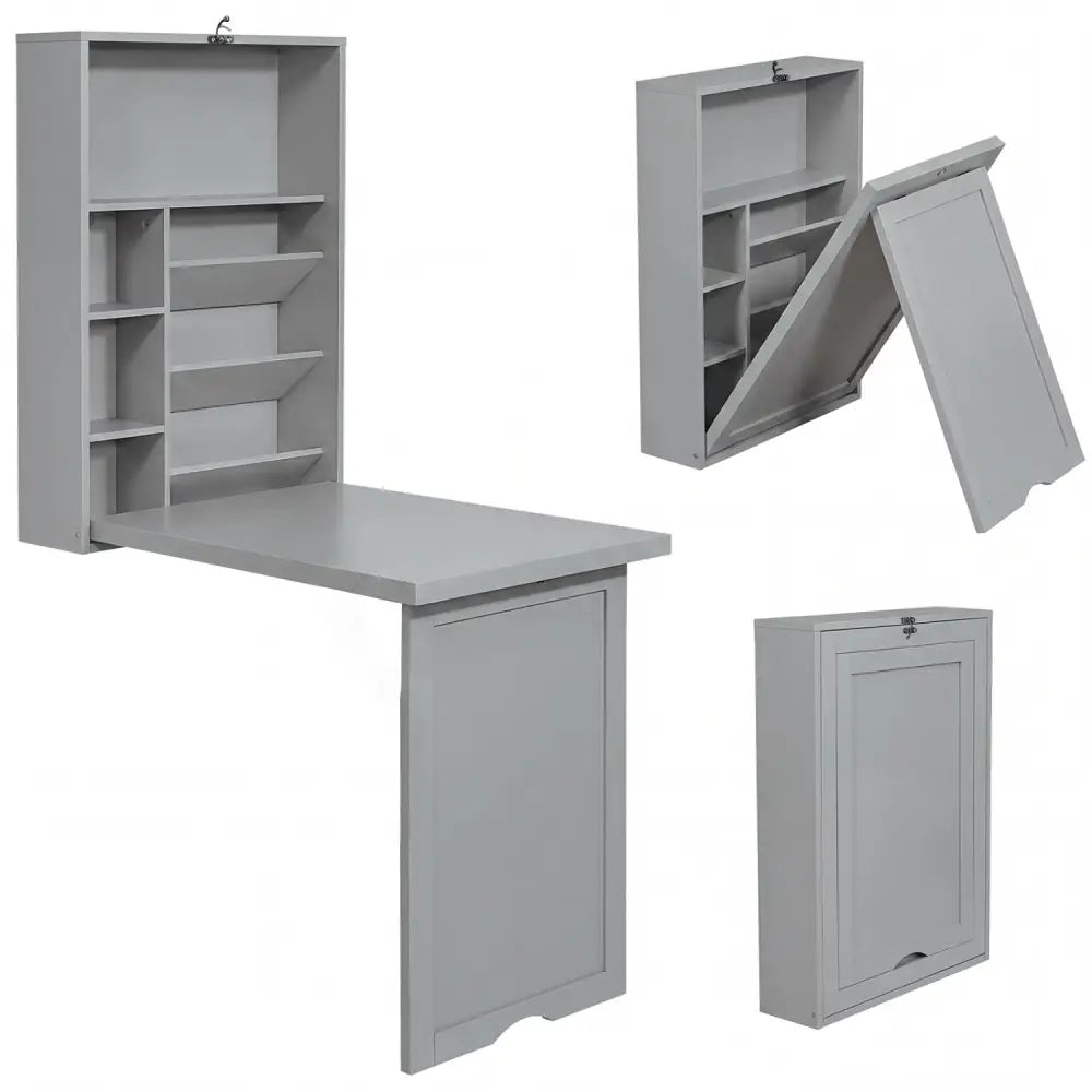 Wall-Mounted Fold-Out Convertible Floating Desk Space Saver-Gray - Gray - Laptop Tables & Printer Stands