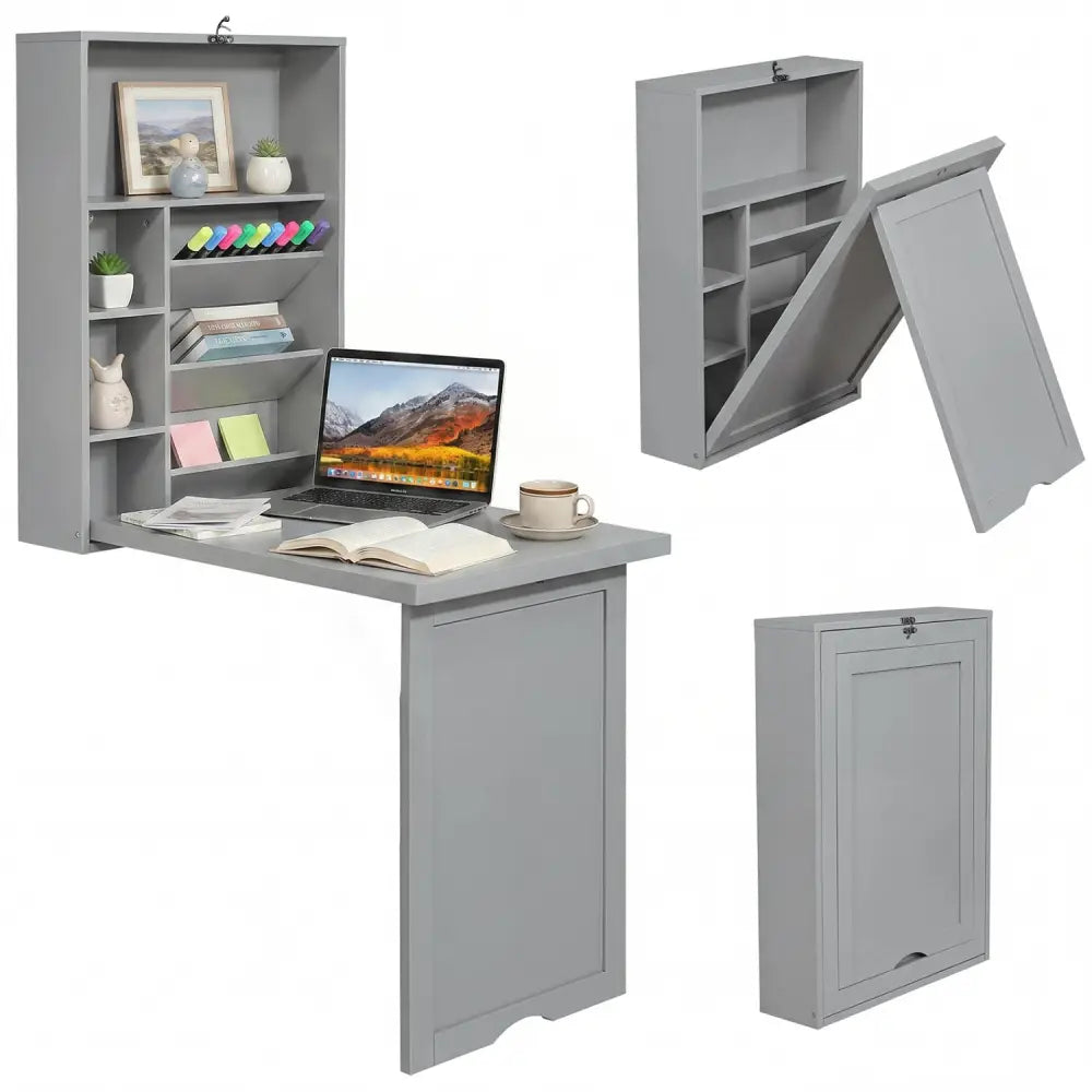 Wall-Mounted Fold-Out Convertible Floating Desk Space Saver-Gray - Gray - Laptop Tables & Printer Stands