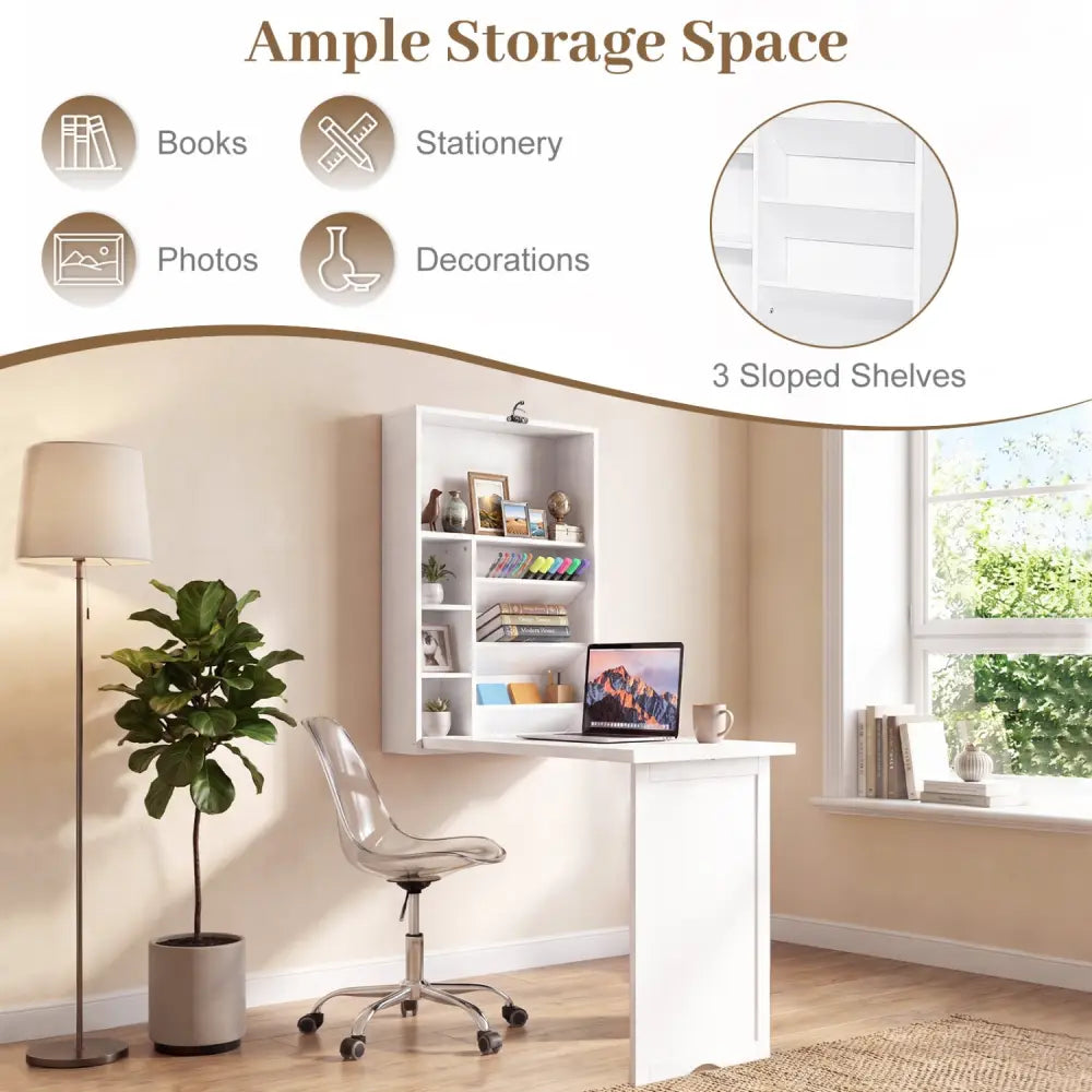 Wall Mounted Fold-Out Convertible Floating Desk Space Saver-White - White - Laptop Tables & Printer Stands