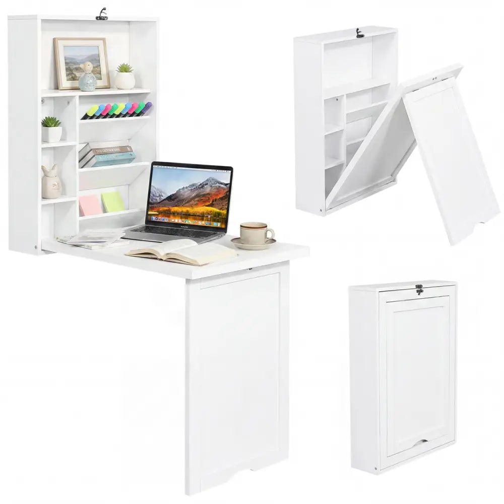Wall Mounted Fold-Out Convertible Floating Desk Space Saver-White - White - Laptop Tables & Printer Stands