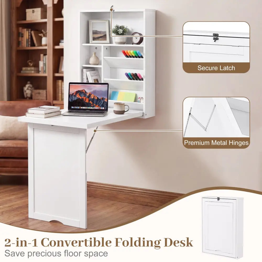 Wall Mounted Fold-Out Convertible Floating Desk Space Saver-White - White - Laptop Tables & Printer Stands