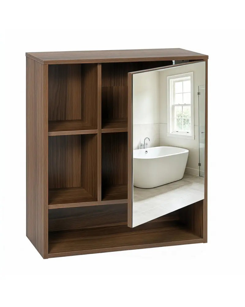 Wall-Mounted Mirror Cabinet with 2 Hidden Shelves and 3 Open Compartments-Walnut - Walnut - Wall Cabinets