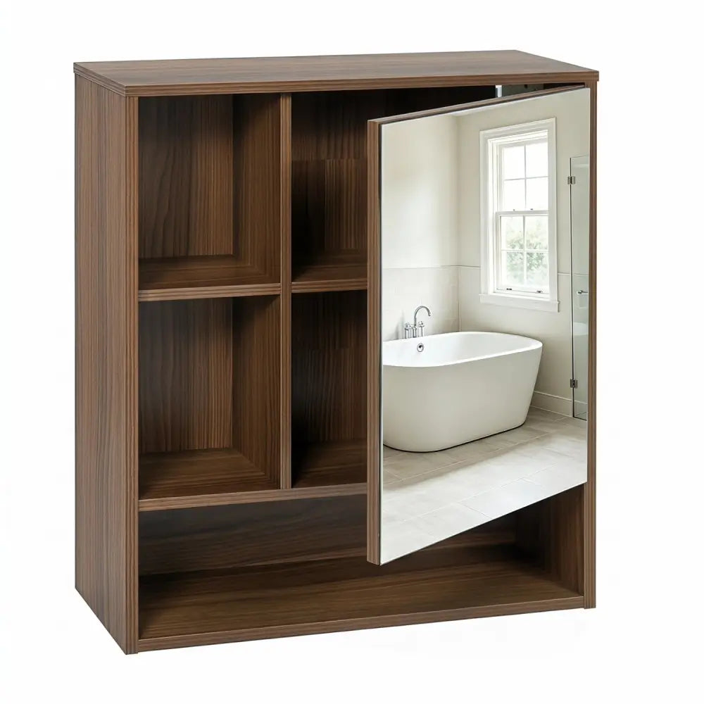 Wall-Mounted Mirror Cabinet with 2 Hidden Shelves and 3 Open Compartments-Walnut - Walnut - Wall Cabinets