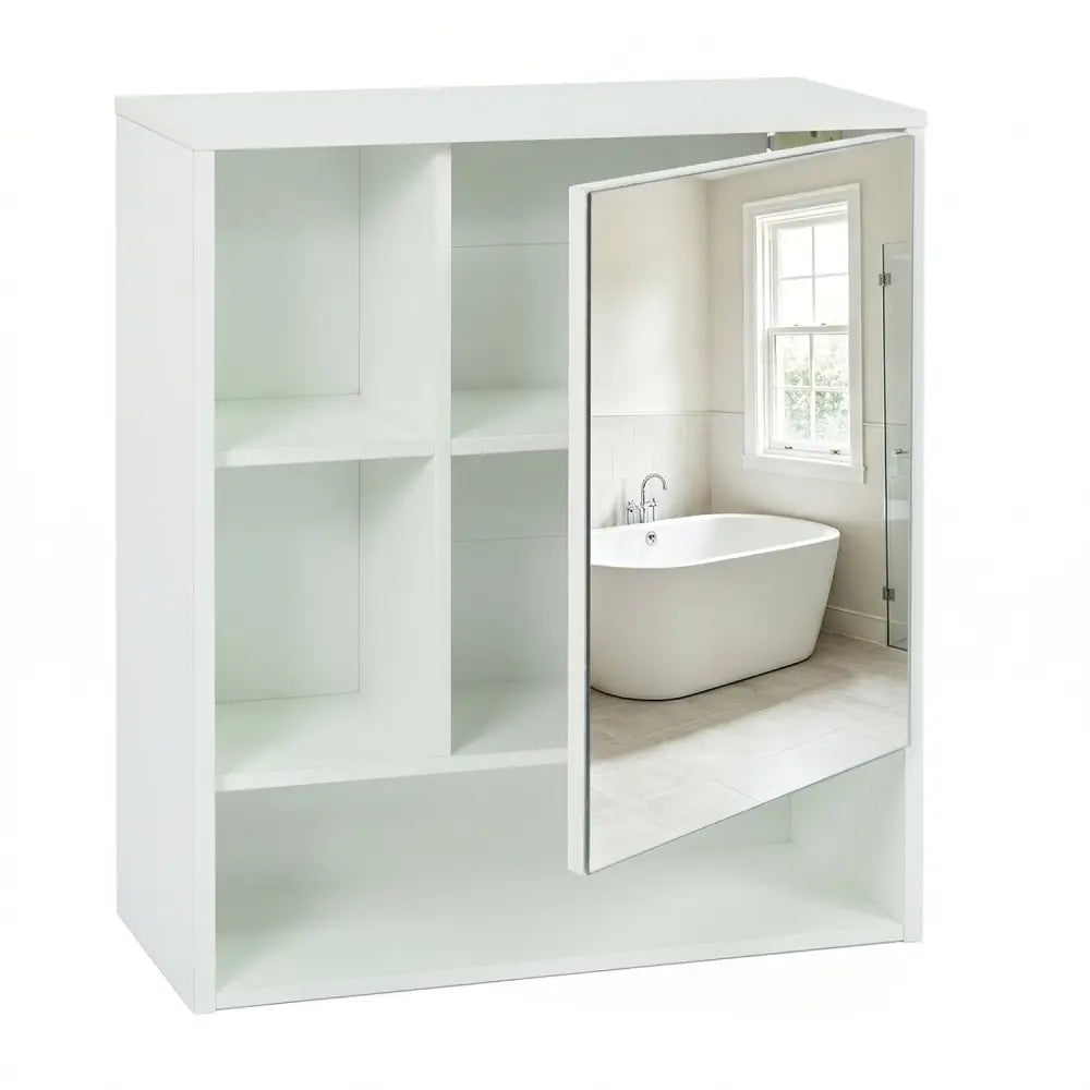 Wall-Mounted Mirror Cabinet with 2 Hidden Shelves and 3 Open Compartments-White - White - Wall Cabinets