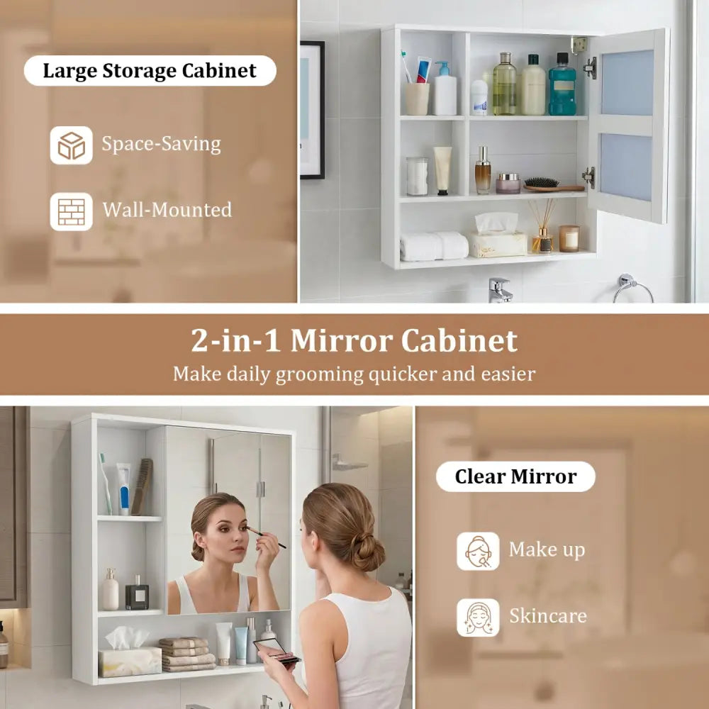 Wall-Mounted Mirror Cabinet with 2 Hidden Shelves and 3 Open Compartments-White - White - Wall Cabinets