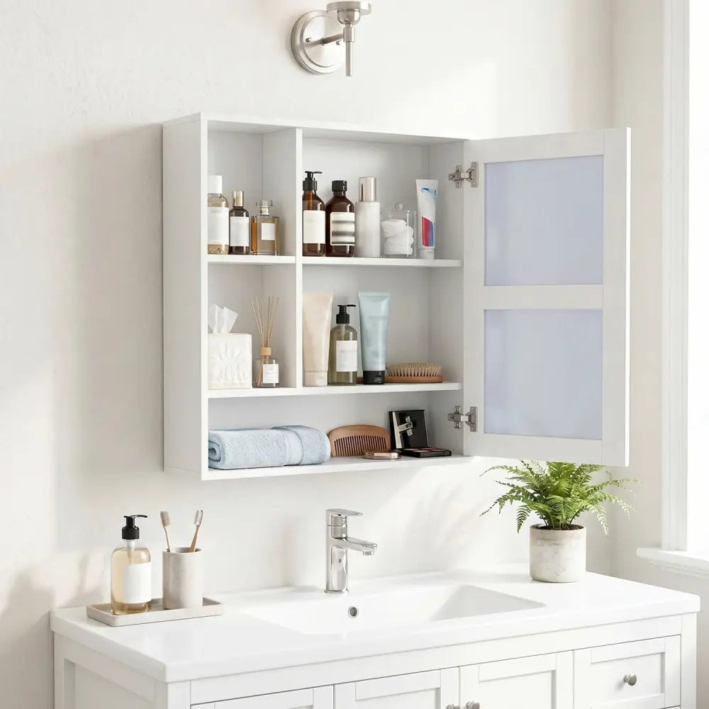 Wall-Mounted Mirror Cabinet with 2 Hidden Shelves and 3 Open Compartments-White - White - Wall Cabinets