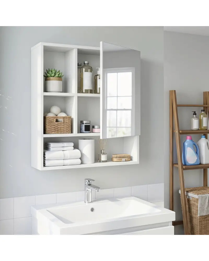 Wall-Mounted Mirror Cabinet with 2 Hidden Shelves and 3 Open Compartments-White - White - Wall Cabinets