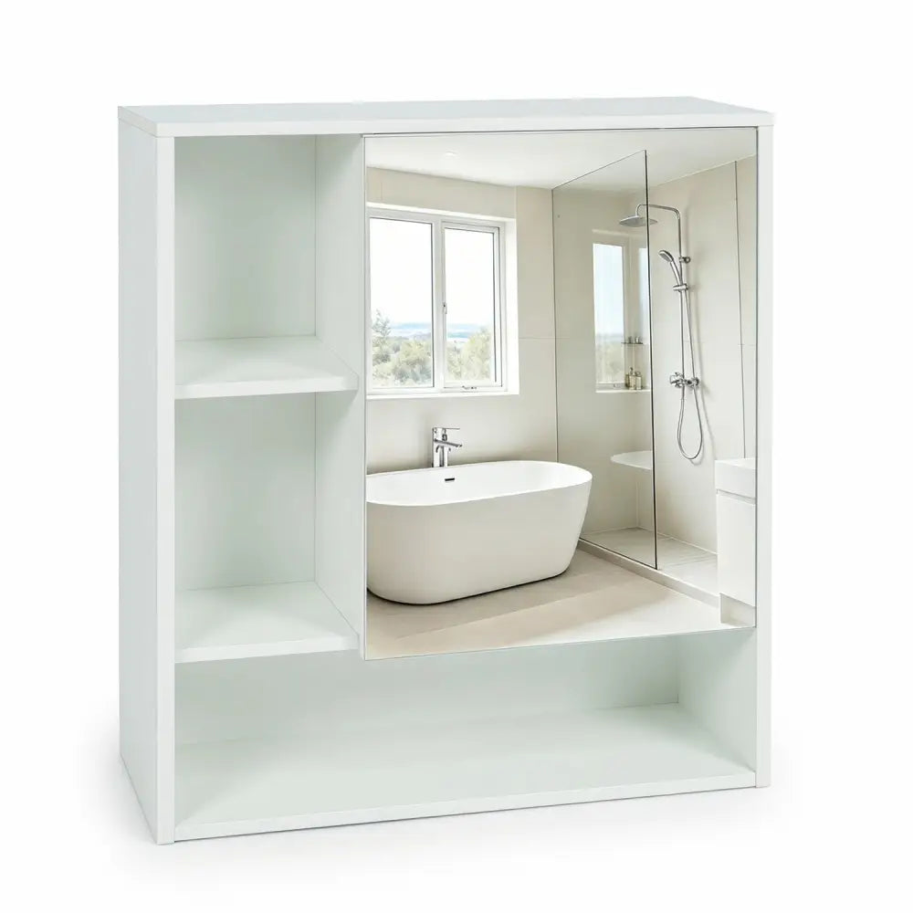Wall-Mounted Mirror Cabinet with 2 Hidden Shelves and 3 Open Compartments-White - White - Wall Cabinets