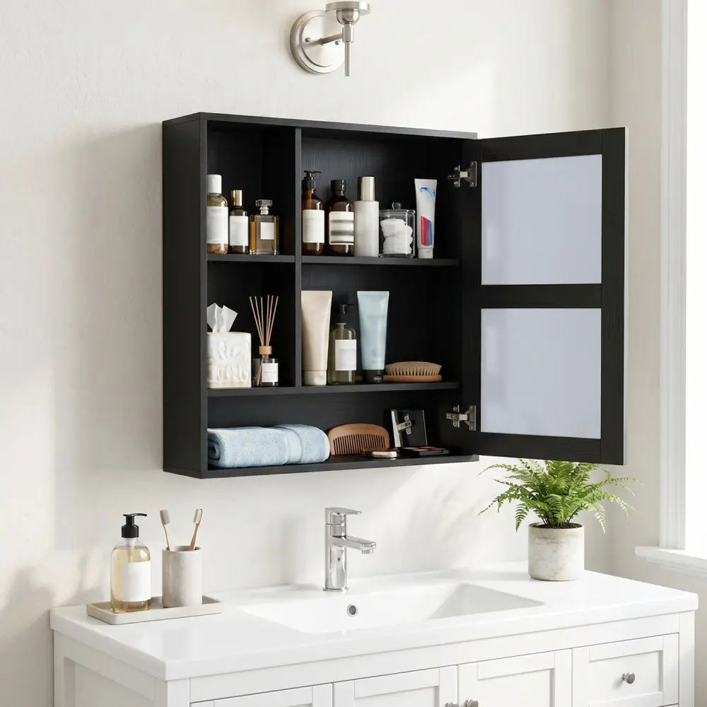Wall-Mounted Mirror Cabinet with 2 Hidden Shelves and 3 Open Compartments-Black - Black - Wall Cabinets