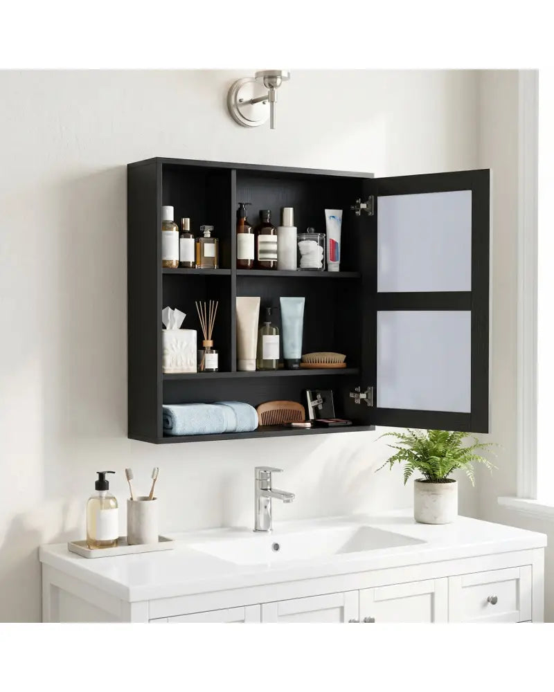 Wall-Mounted Mirror Cabinet with 2 Hidden Shelves and 3 Open Compartments-Black - Black - Wall Cabinets