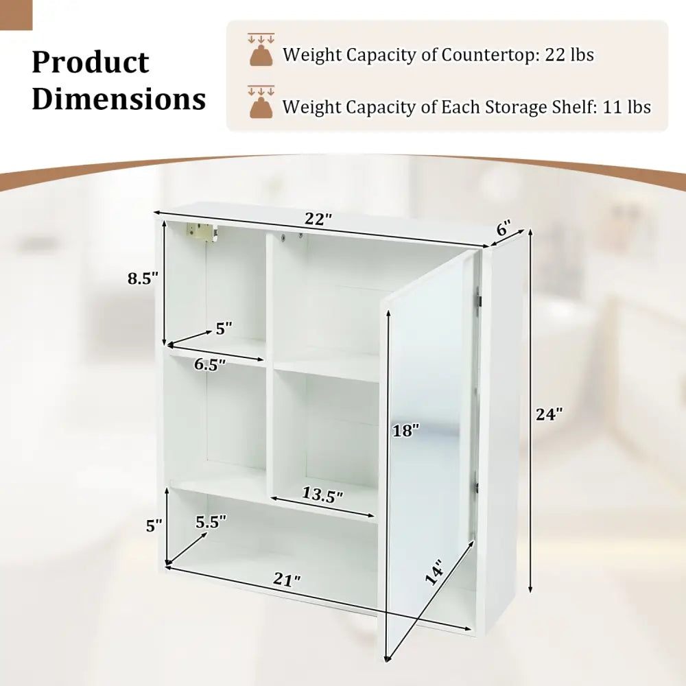 Wall-Mounted Mirror Cabinet with 2 Hidden Shelves and 3 Open Compartments-White - White - Wall Cabinets