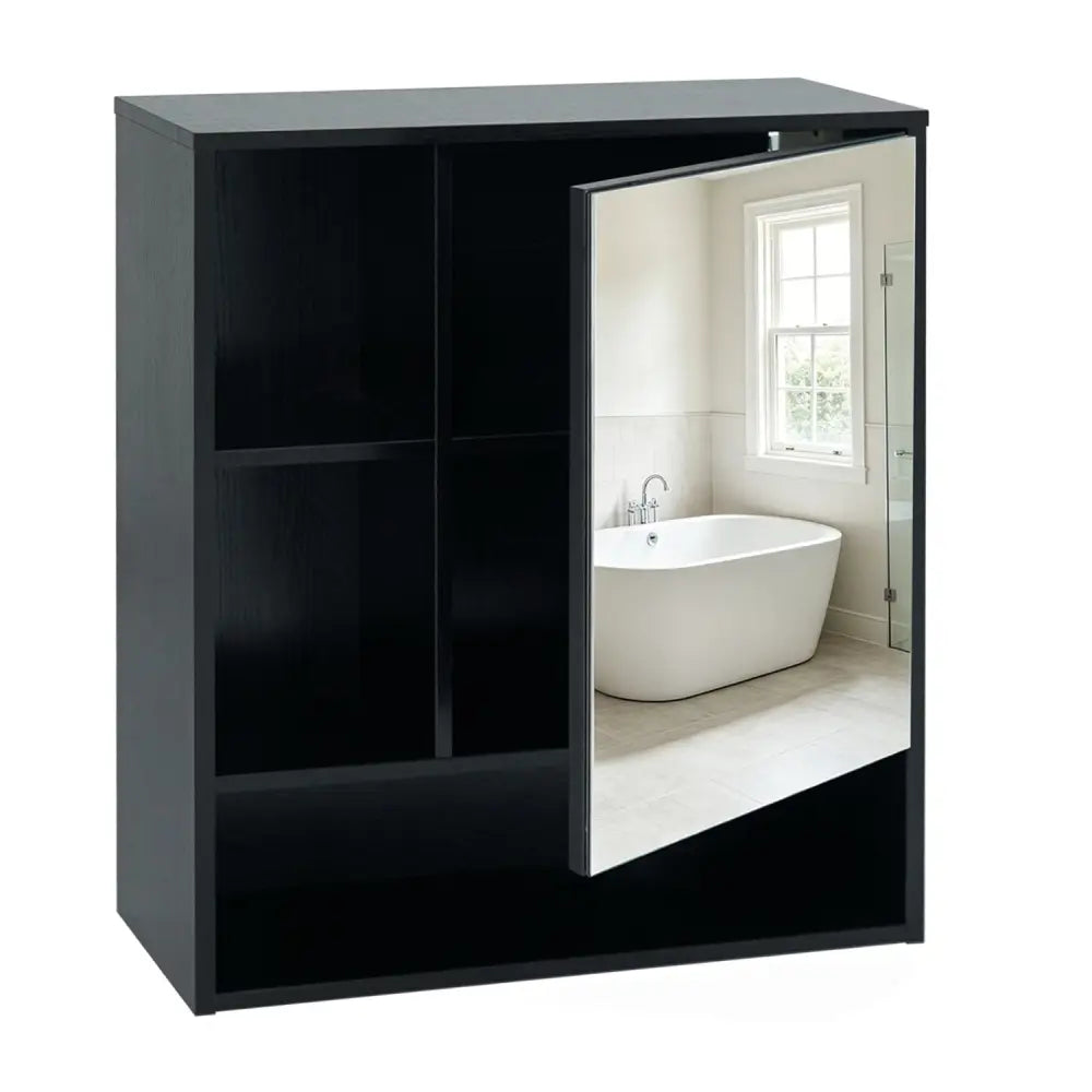 Wall-Mounted Mirror Cabinet with 2 Hidden Shelves and 3 Open Compartments-Black - Black - Wall Cabinets