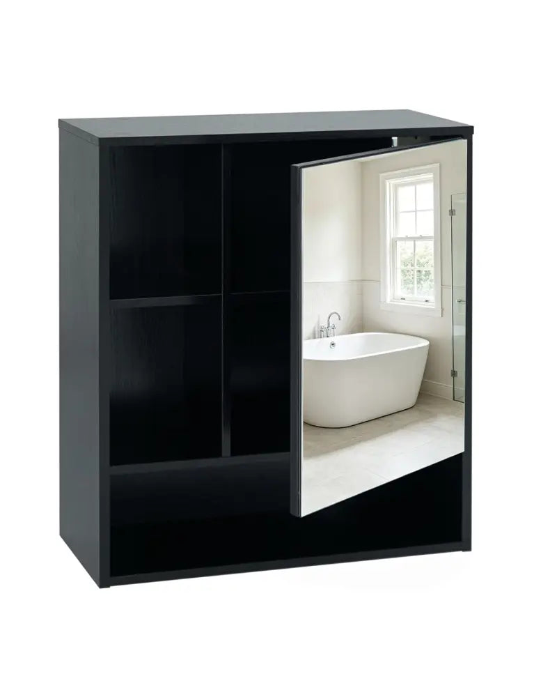 Wall-Mounted Mirror Cabinet with 2 Hidden Shelves and 3 Open Compartments-Black - Black - Wall Cabinets