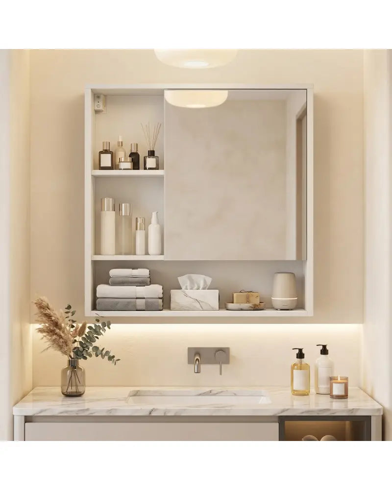 Wall-Mounted Mirror Cabinet with 2 Hidden Shelves and 3 Open Compartments-White - White - Wall Cabinets
