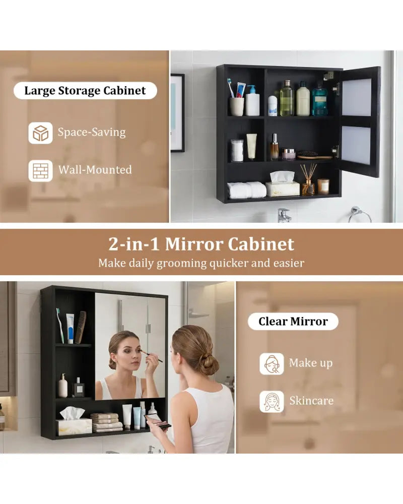 Wall-Mounted Mirror Cabinet with 2 Hidden Shelves and 3 Open Compartments-Black - Black - Wall Cabinets