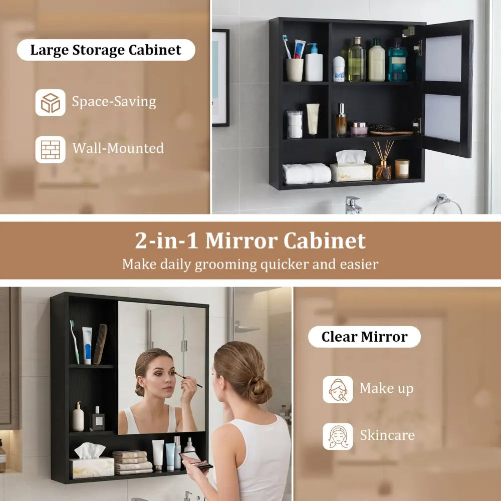 Wall-Mounted Mirror Cabinet with 2 Hidden Shelves and 3 Open Compartments-Black - Black - Wall Cabinets