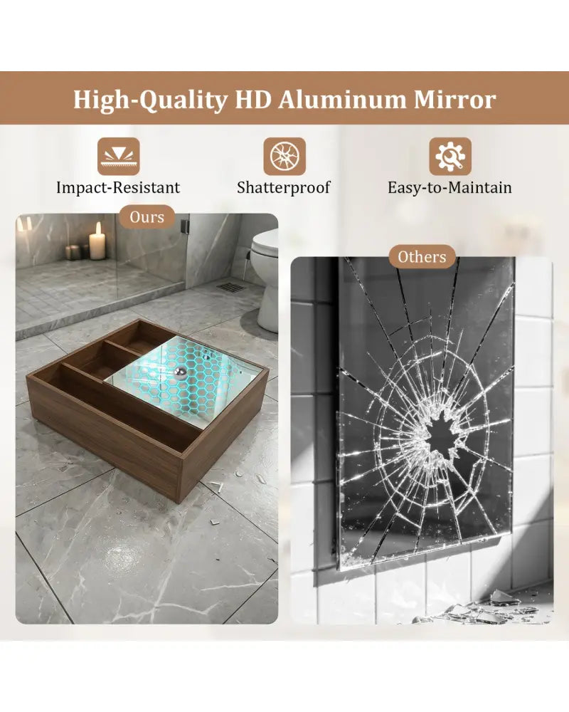 Wall-Mounted Mirror Cabinet with 2 Hidden Shelves and 3 Open Compartments-Walnut - Walnut - Wall Cabinets