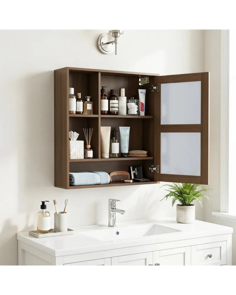 Wall-Mounted Mirror Cabinet with 2 Hidden Shelves and 3 Open Compartments-Walnut - Walnut - Wall Cabinets