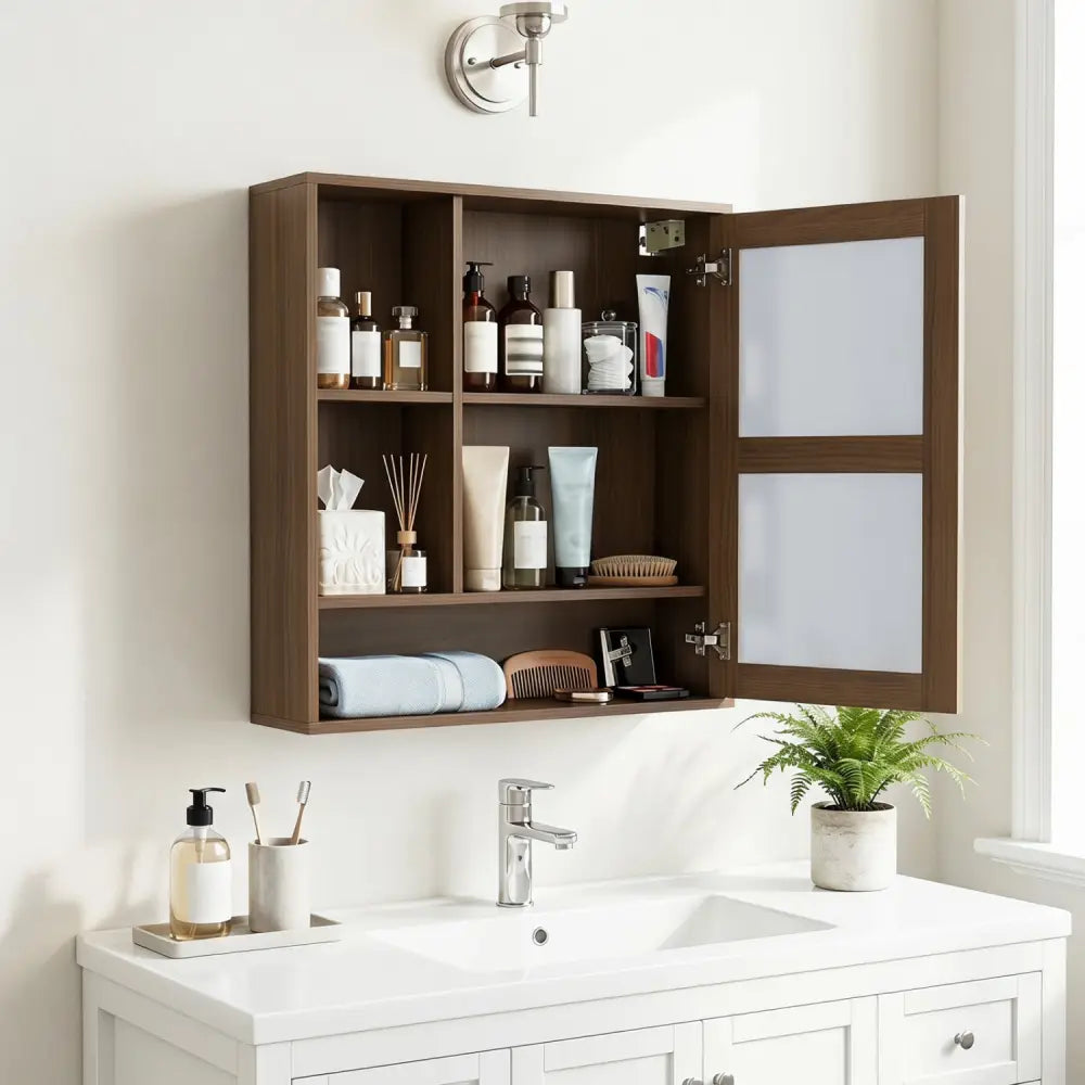 Wall-Mounted Mirror Cabinet with 2 Hidden Shelves and 3 Open Compartments-Walnut - Walnut - Wall Cabinets