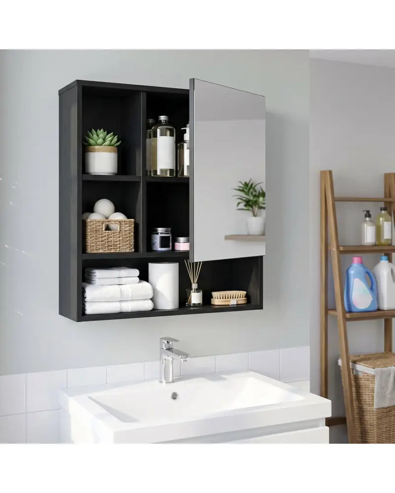 Wall-Mounted Mirror Cabinet with 2 Hidden Shelves and 3 Open Compartments-Black - Black - Wall Cabinets