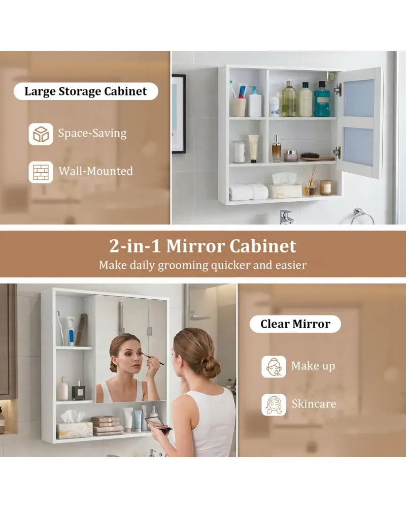 Wall-Mounted Mirror Cabinet with 2 Hidden Shelves and 3 Open Compartments-White - White - Wall Cabinets