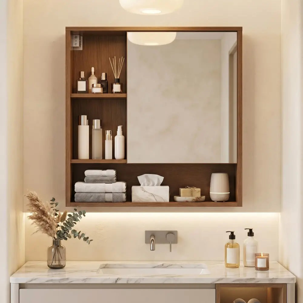 Wall-Mounted Mirror Cabinet with 2 Hidden Shelves and 3 Open Compartments-Walnut - Walnut - Wall Cabinets