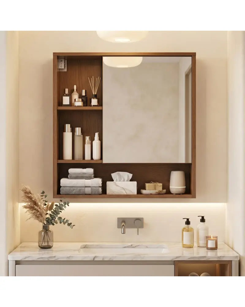 Wall-Mounted Mirror Cabinet with 2 Hidden Shelves and 3 Open Compartments-Walnut - Walnut - Wall Cabinets