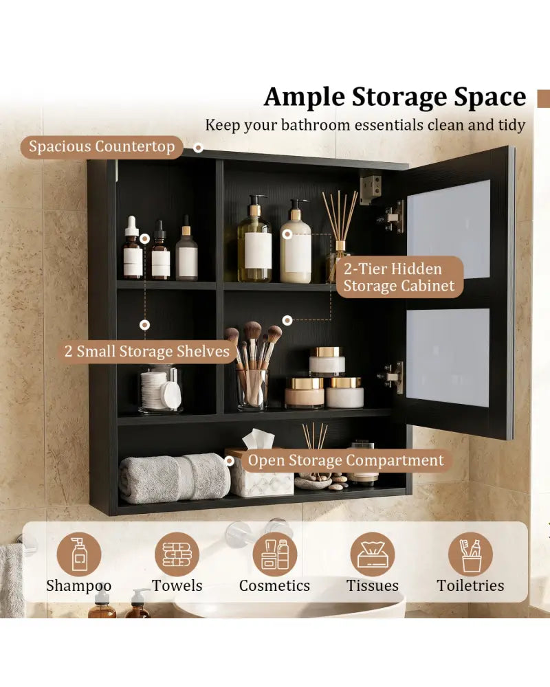Wall-Mounted Mirror Cabinet with 2 Hidden Shelves and 3 Open Compartments-Black - Black - Wall Cabinets