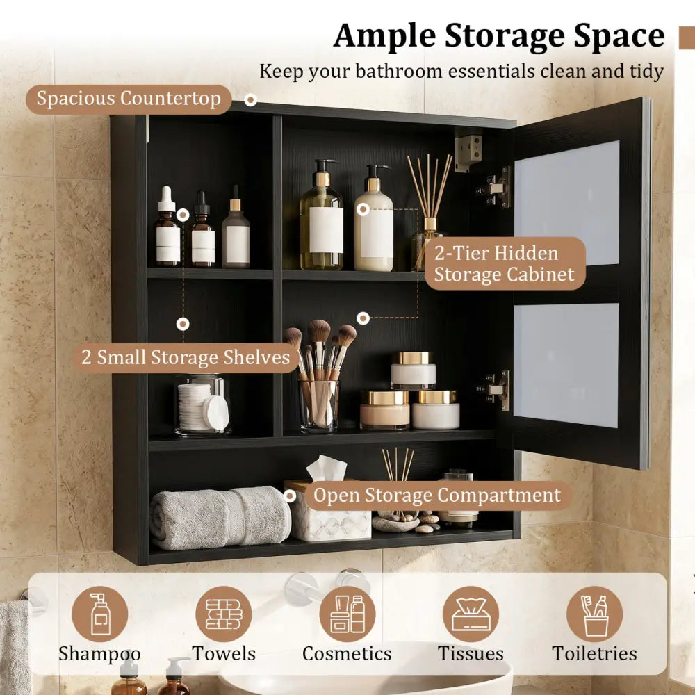 Wall-Mounted Mirror Cabinet with 2 Hidden Shelves and 3 Open Compartments-Black - Black - Wall Cabinets