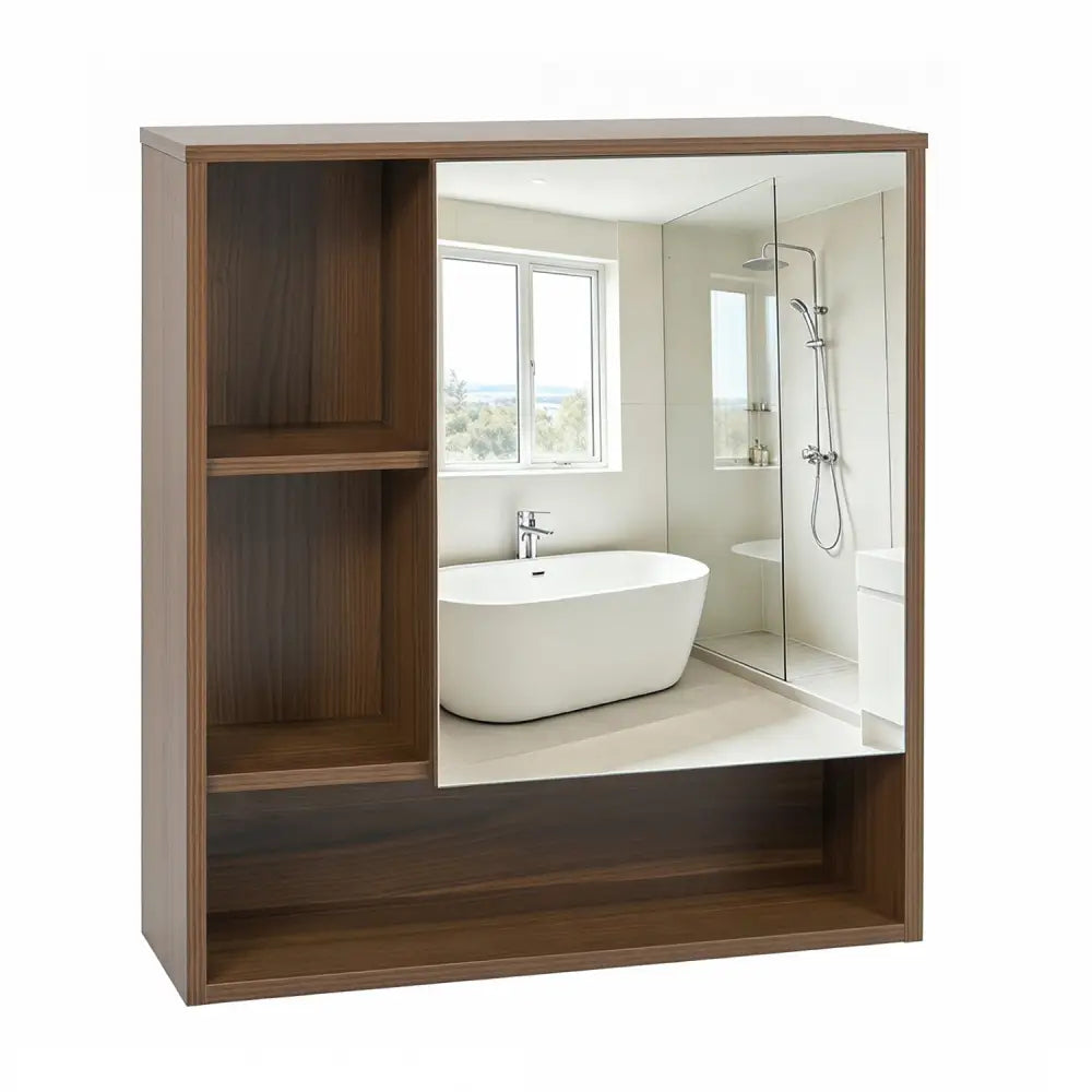 Wall-Mounted Mirror Cabinet with 2 Hidden Shelves and 3 Open Compartments-Walnut - Walnut - Wall Cabinets