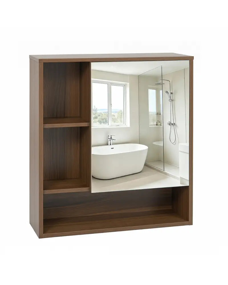 Wall-Mounted Mirror Cabinet with 2 Hidden Shelves and 3 Open Compartments-Walnut - Walnut - Wall Cabinets