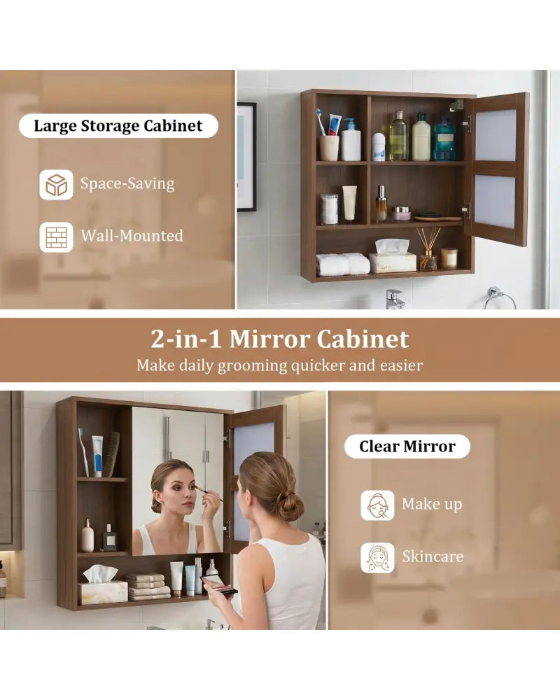 Wall-Mounted Mirror Cabinet with 2 Hidden Shelves and 3 Open Compartments-Walnut - Walnut - Wall Cabinets