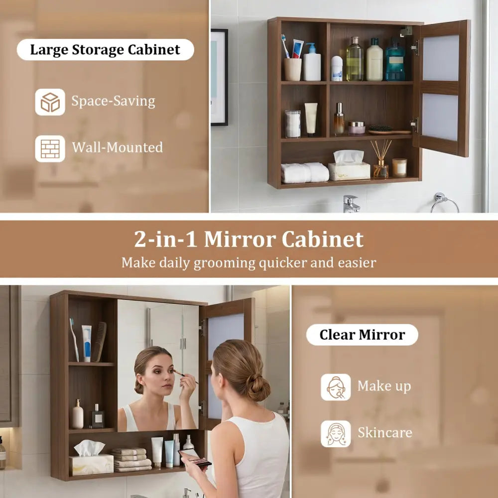 Wall-Mounted Mirror Cabinet with 2 Hidden Shelves and 3 Open Compartments-Walnut - Walnut - Wall Cabinets
