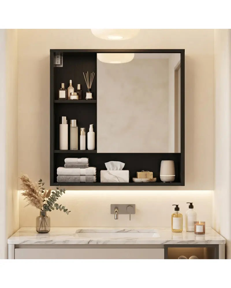Wall-Mounted Mirror Cabinet with 2 Hidden Shelves and 3 Open Compartments-Black - Black - Wall Cabinets