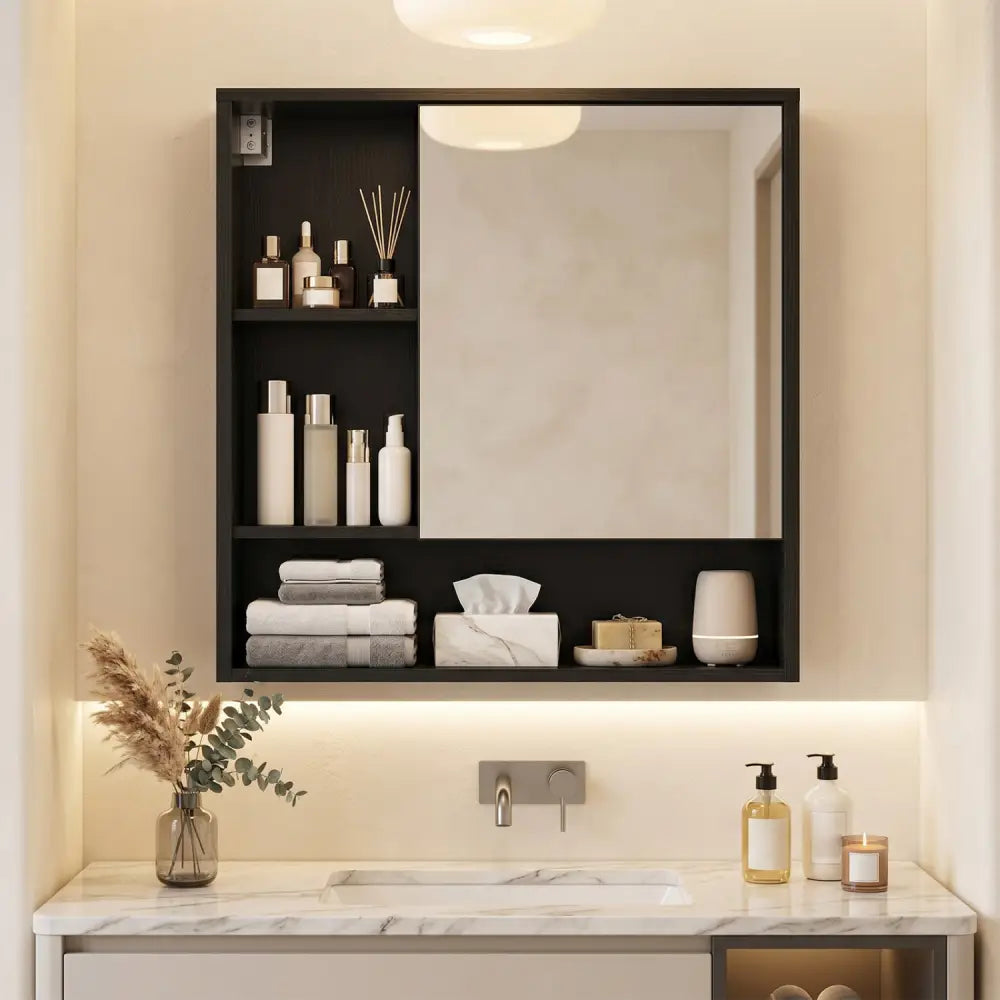 Wall-Mounted Mirror Cabinet with 2 Hidden Shelves and 3 Open Compartments-Black - Black - Wall Cabinets