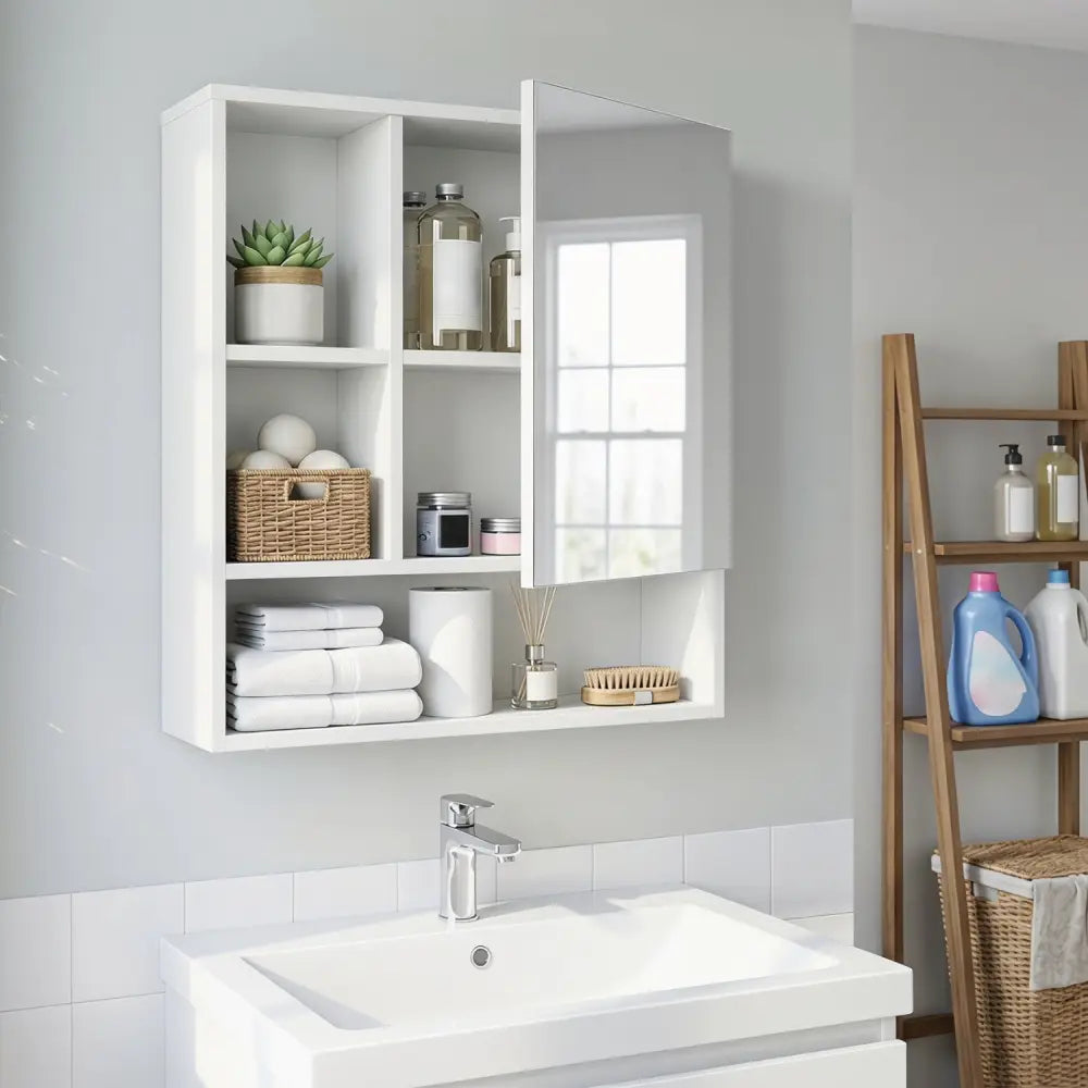 Wall-Mounted Mirror Cabinet with 2 Hidden Shelves and 3 Open Compartments-White - White - Wall Cabinets