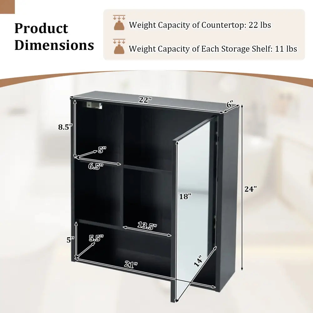 Wall-Mounted Mirror Cabinet with 2 Hidden Shelves and 3 Open Compartments-Black - Black - Wall Cabinets