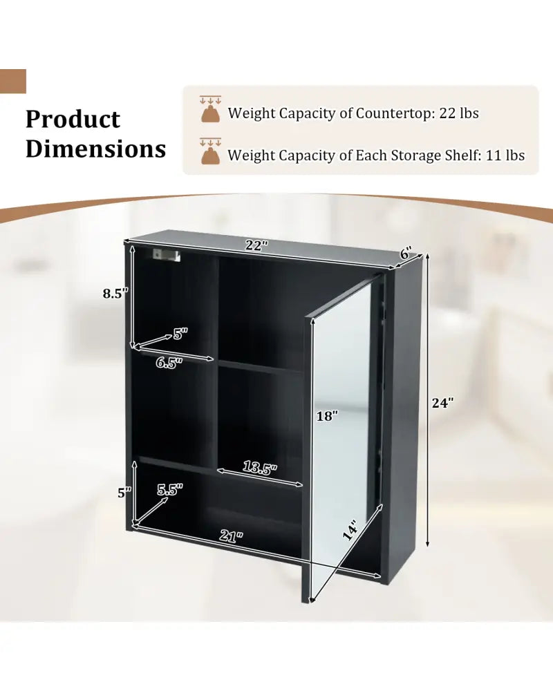 Wall-Mounted Mirror Cabinet with 2 Hidden Shelves and 3 Open Compartments-Black - Black - Wall Cabinets