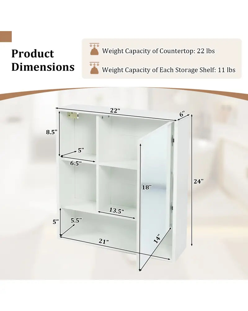Wall-Mounted Mirror Cabinet with 2 Hidden Shelves and 3 Open Compartments-White - White - Wall Cabinets