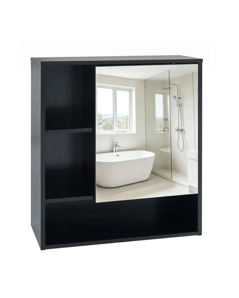 Wall-Mounted Mirror Cabinet with 2 Hidden Shelves and 3 Open Compartments-Black - Black - Wall Cabinets